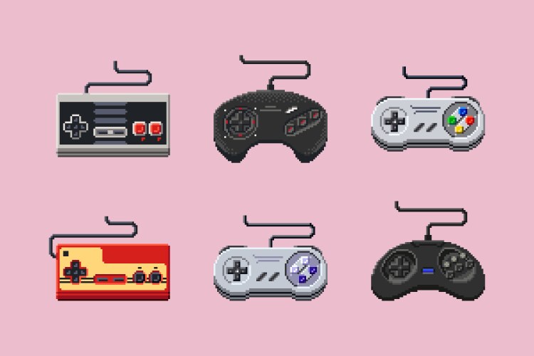 Retro console gamepads in pixelart style vector image