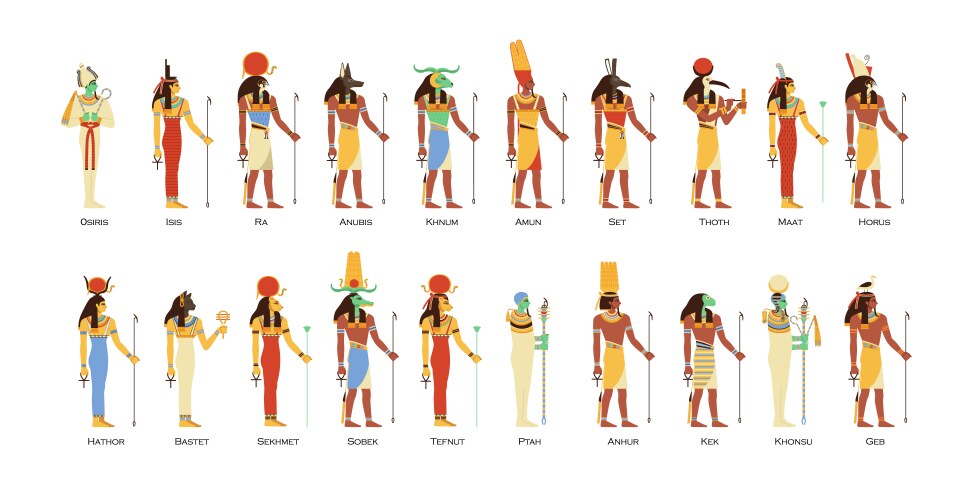 Set egyptian gods and goddesses deities vector image