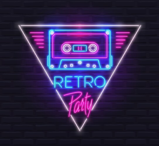 Neon sign tape cassette in triangle with retro vector image