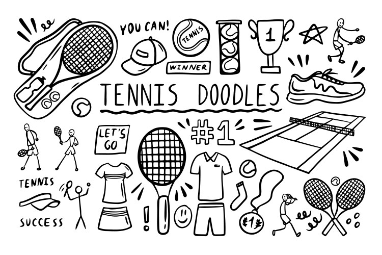 Tennis doodle elements set big racket vector image