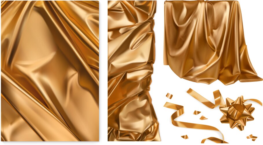 Golden cloth curtain drapery ribbon bow 3d vector image