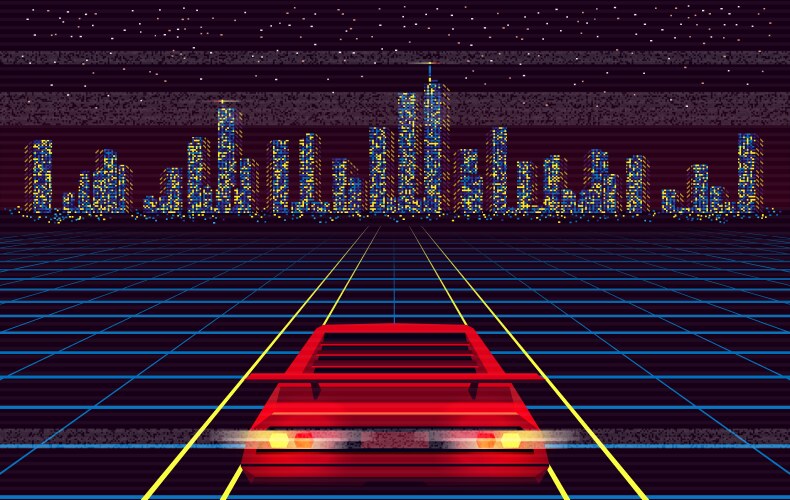 Red car racing to night city over laser grid vector image