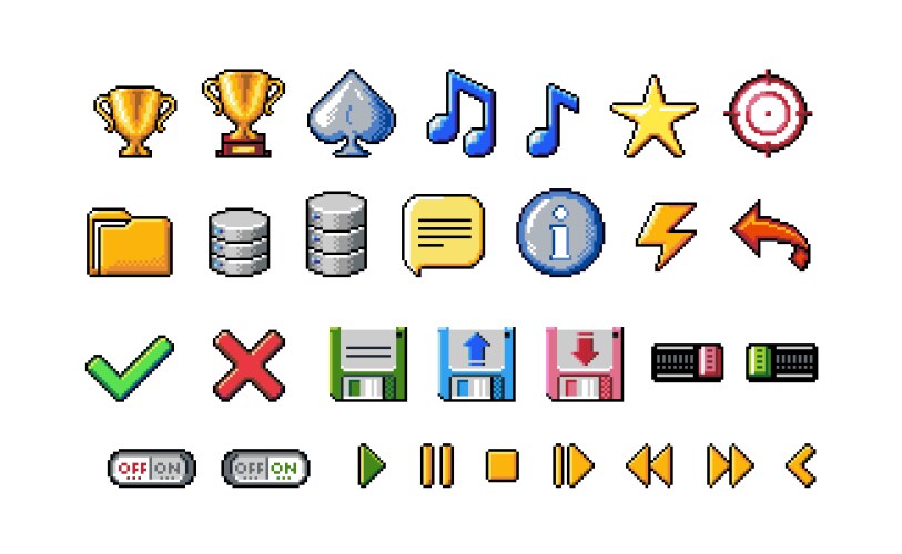 Pixel art style icons collection on white vector image