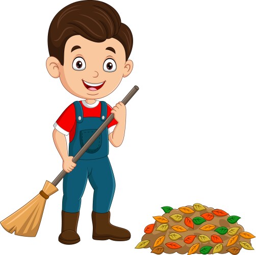 Cartoon boy gardener raking leaves vector image