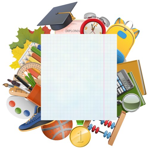 Exercise book sheet with school accessories vector image