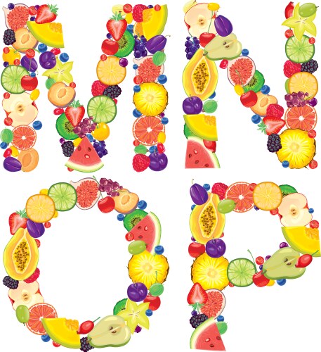 Alphabet from fruit mnop vector image