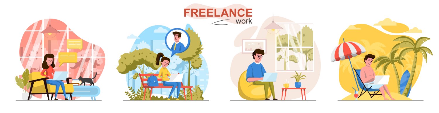 freelance work flat design concept scenes set vector image