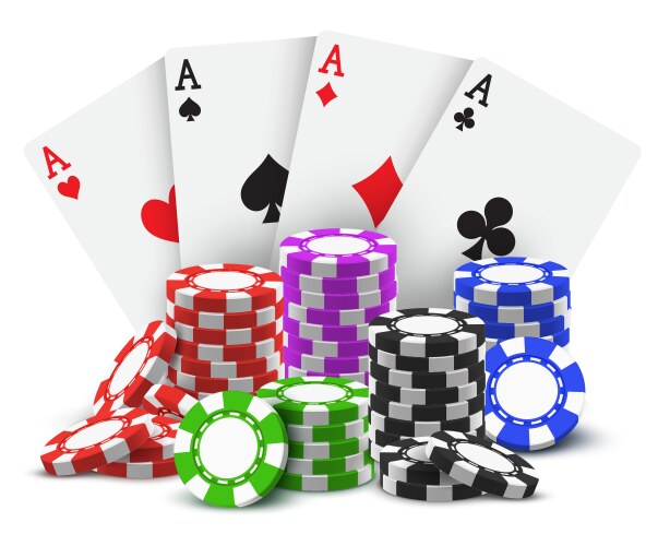 Gambling cards and stack or heap poker chips vector image