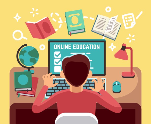 student or school boy studying on computer online vector image