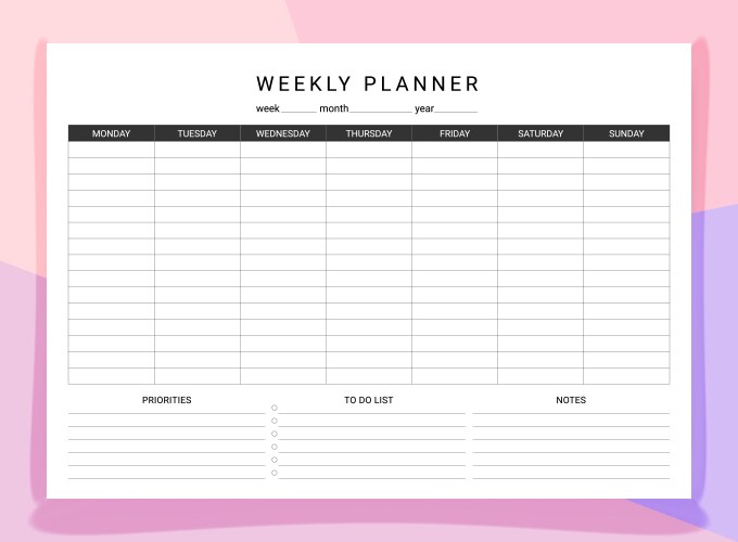 Weekly planner simple timetable template vector image