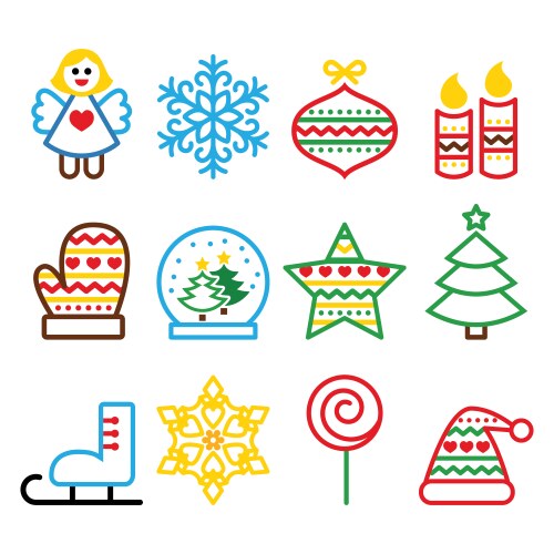 Christmas colored icons with stroke - xmas tree vector image