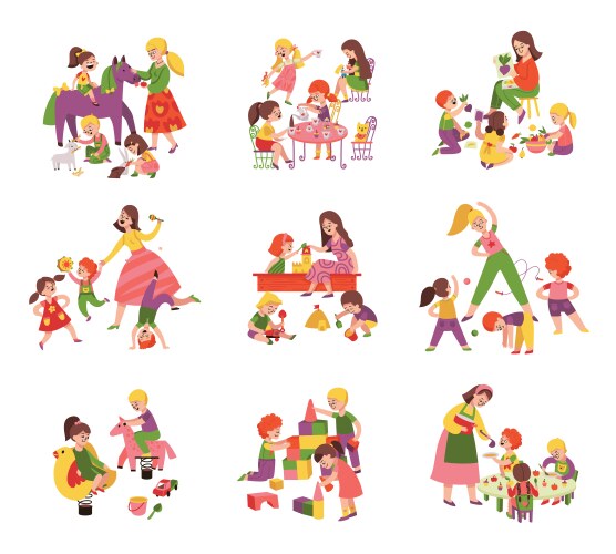 Kindergarten kids teachers set vector image