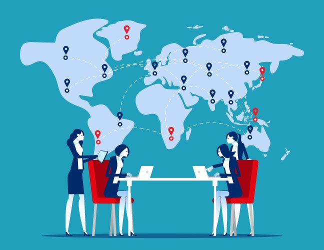 Team working in front world map global trade vector image