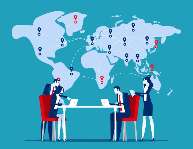 Team working in front world map global trade vector image