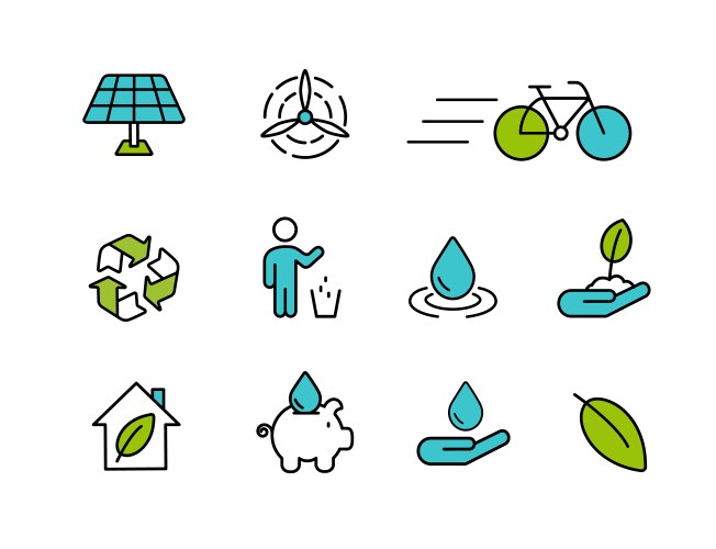 Green icon set in outline style for nature care vector image