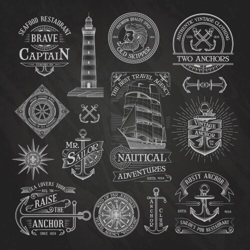 Nautical labels on chalkboard background vector image