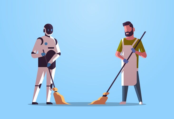 Robotic janitor with man cleaner sweeping vector image