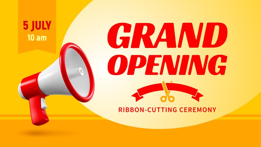 Grand opening advertising banner with 3d megaphone vector image