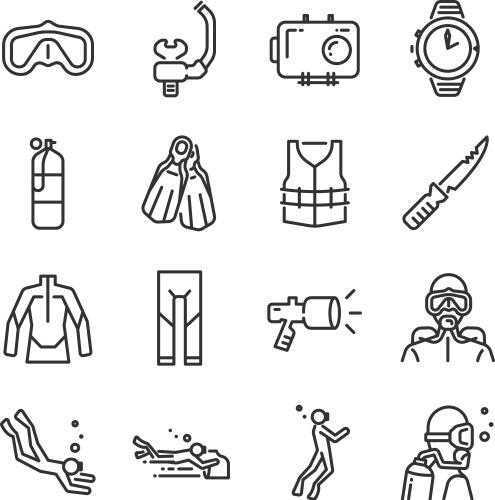 Scuba diving line icon set vector image