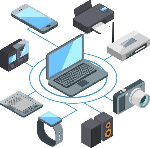 Isometric computer ecosystem devices network icon vector image