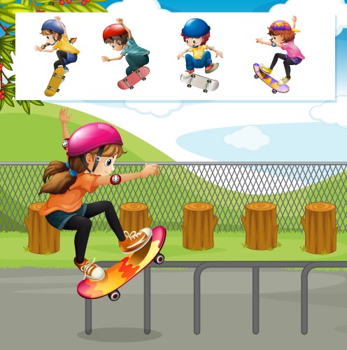 Kids playing skateboards in park vector image