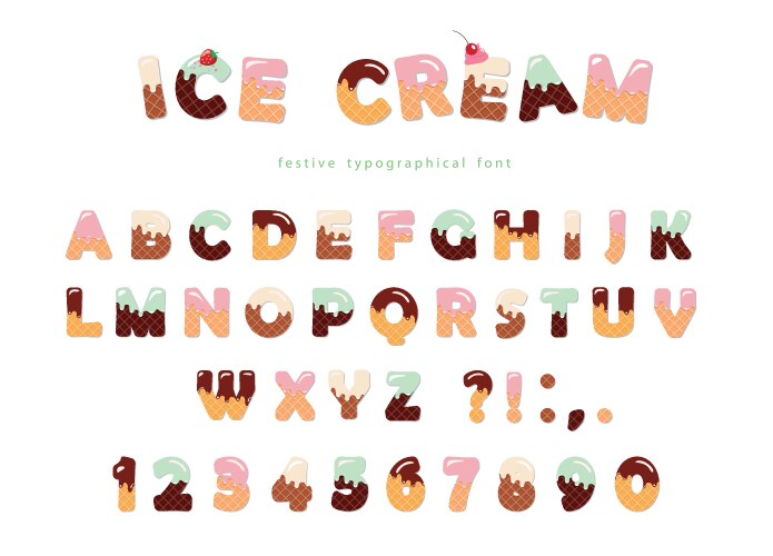 Ice cream font cute wafer letters and numbers can vector image