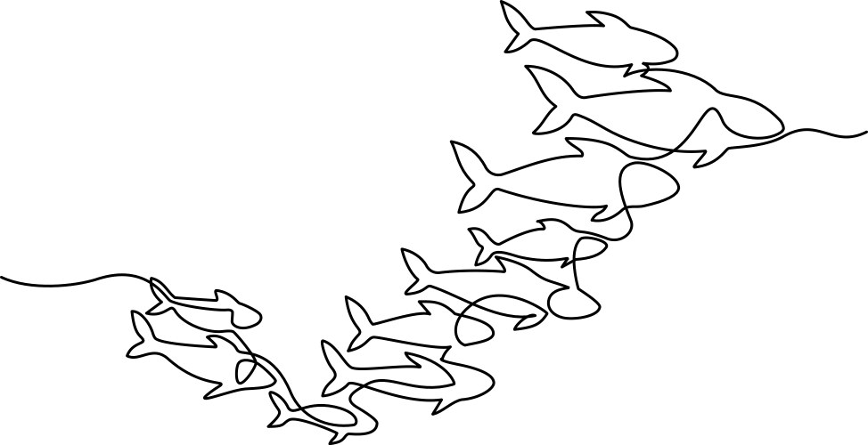 School of fish continuous one line art drawing vector image