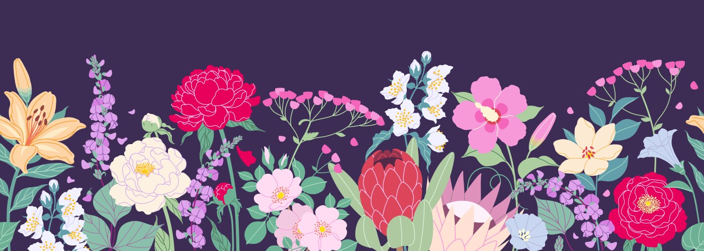 Seamless border with garden flowers on dark vector image