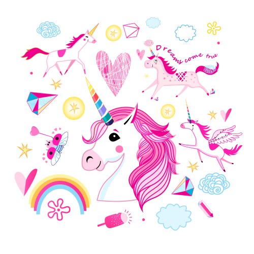 Cartoon set unicorns and fabulous objects vector image