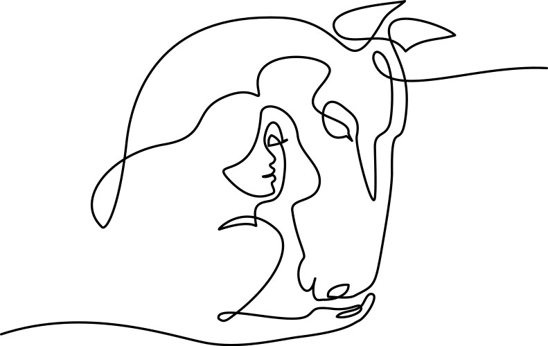 Woman feeds horse continuous one line drawing art vector image