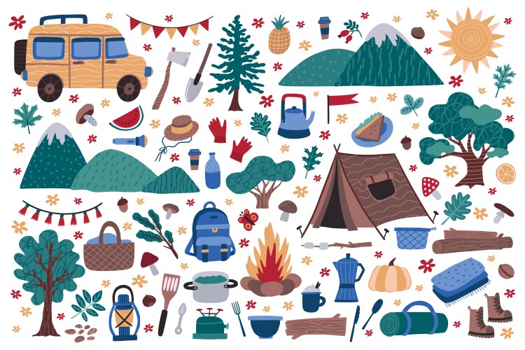 Travel icons summer car tree and mountains vector image