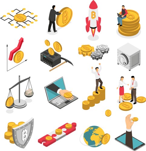 Cryptocurrency isometric icons set vector image