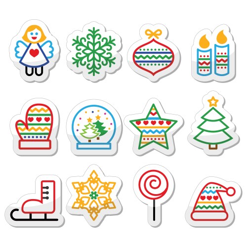 Christmas icons with stroke - xmas tree angel sn vector image