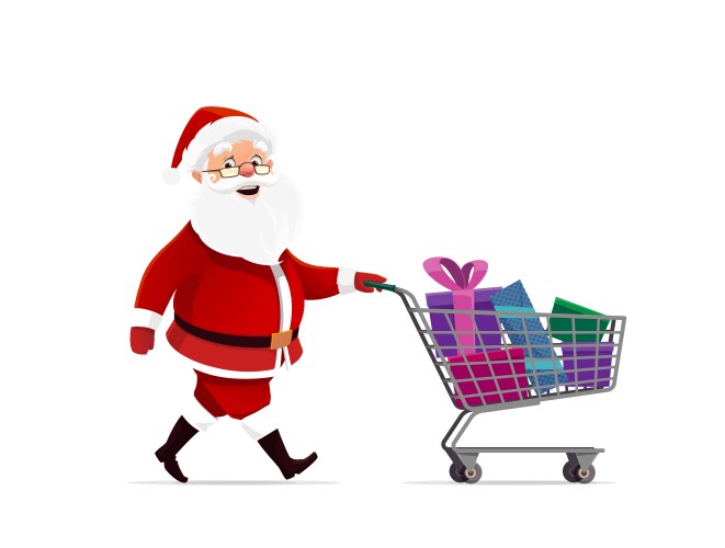 Cartoon christmas santa shopping with trolley vector image