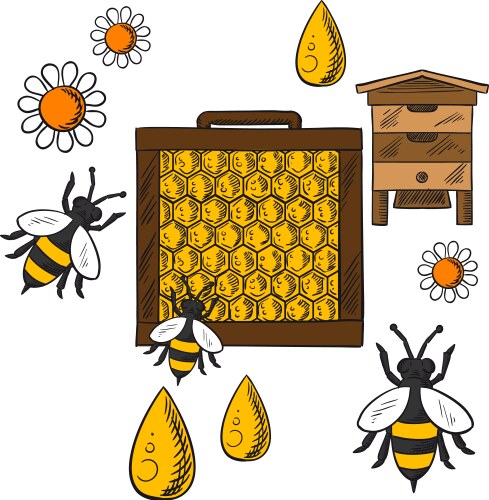 Flat beekeeping concept with beehive and bees vector image