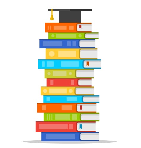 Sheaf colorful books with square academic cap vector image