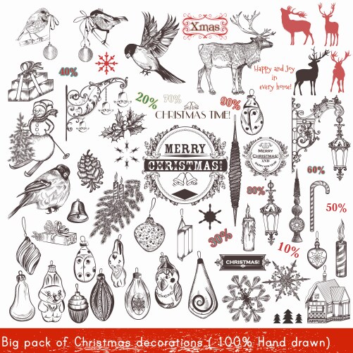 Big christmas hand drawn elements set xmas vector image