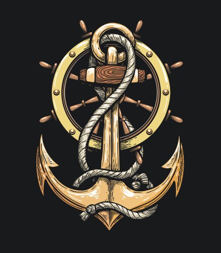 Anchor in ropes and ship wheel vector image