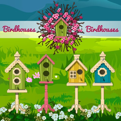 five birdhouses on a landscape background vector image