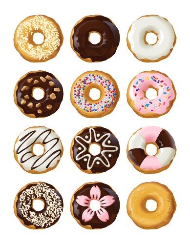 Set delicious donuts in glaze vector image