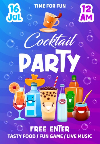 Cocktail party flyer cartoon drinks characters vector image