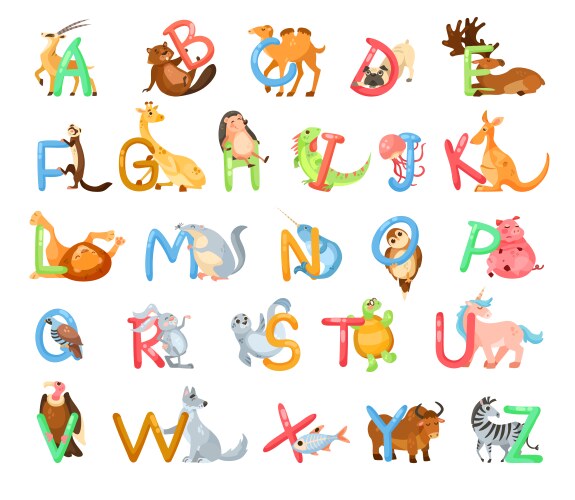 Animal characters with alphabet letters set vector image