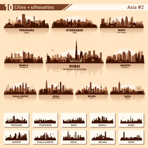 city skyline set 10 silhouettes of asia 2 vector image