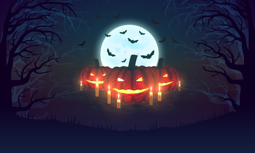 Background with pumpkins bats moon and scary vector image