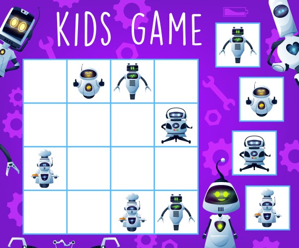 Kids game sudoku with robot droids logic puzzle vector image