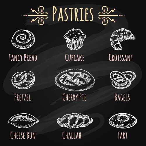 Hand drawn pastries on chalkboard vector image