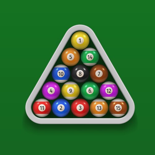 Billiard balls in wooden triangle rack on green vector image