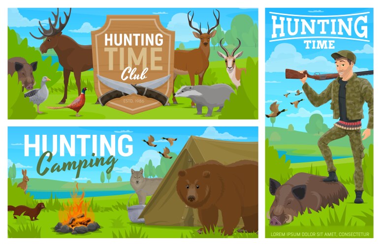 Hunting camping club cartoon banners set vector image