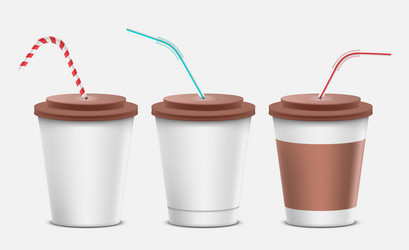 realistic paper disposable cup set with lid straw vector image