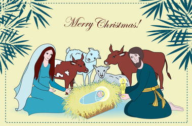 nativity scene with saint family and animals vector image